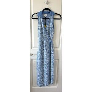 Sleeveless Light Blue & White Printed Midi Wrap Dress with Collar